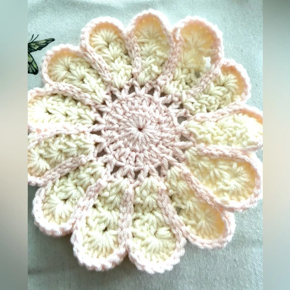 Handmade Crochet Flower Doily – Pink & Cream Floral Decor – 7x7 Inches